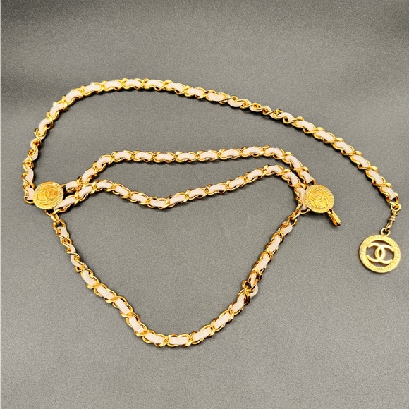 CHANEL CC Logo Charm Chain Belt Leather Gold White with box SMALL - Picture 10 of 10
